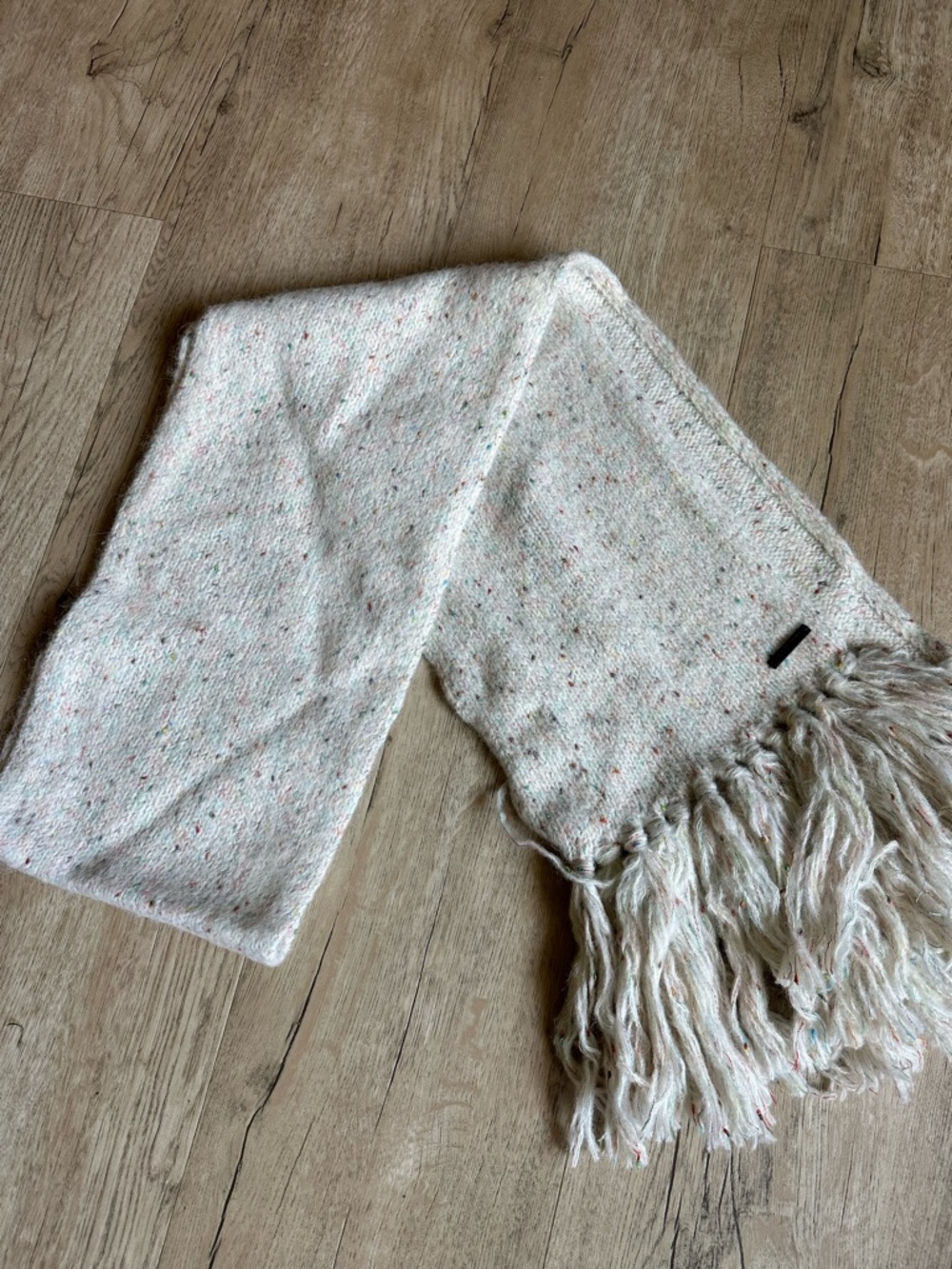AllSaints Ivory Speckled Knit Alpaca and Wool Blend Scarf with Fringe
